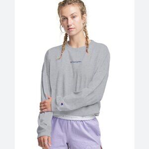 Champion XL Boxy Sweatshirt Women’s Short  Length Logos Heathered Gray Pullover